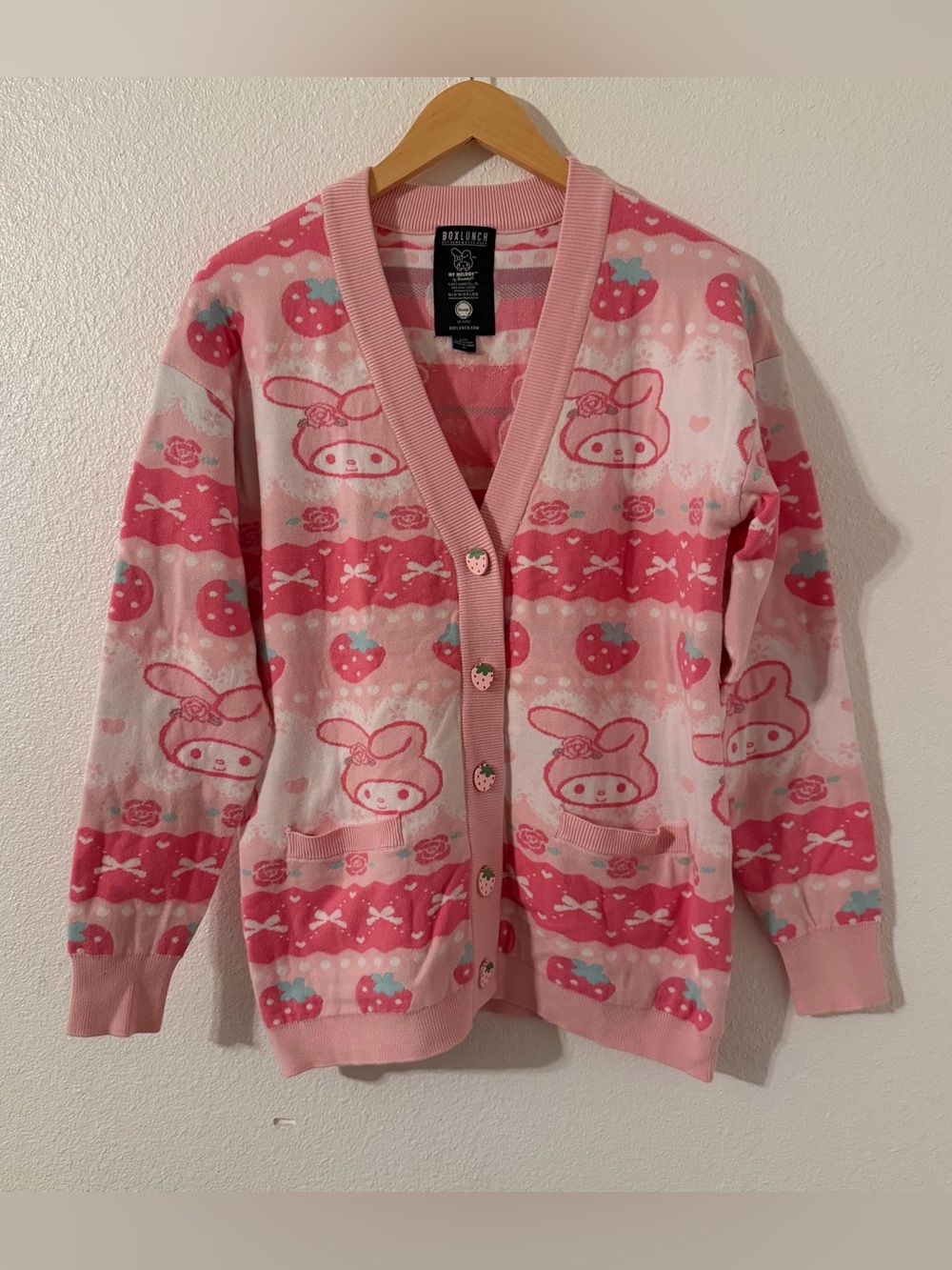Sanrio My Melody BoxLunch Strawberry Pink Cardigan Sweater Button V-Neck Medium